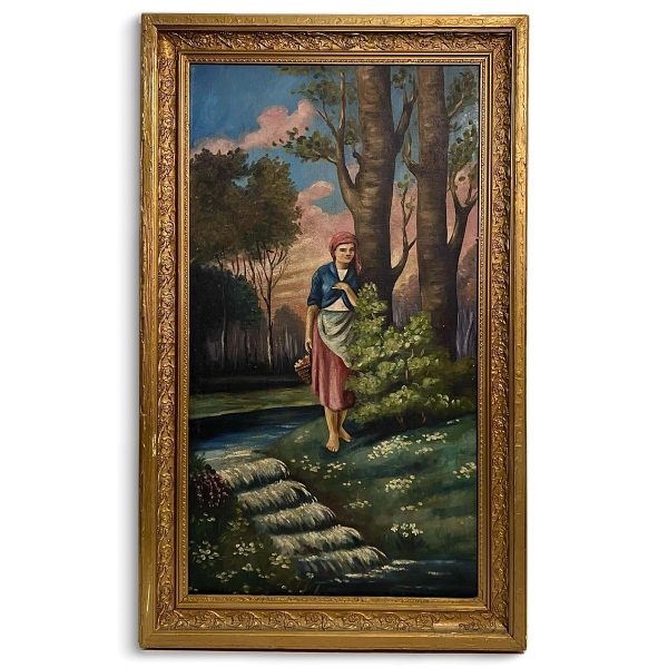 Virágot gyűjtő nő a patak partján - Ismeretlen festő