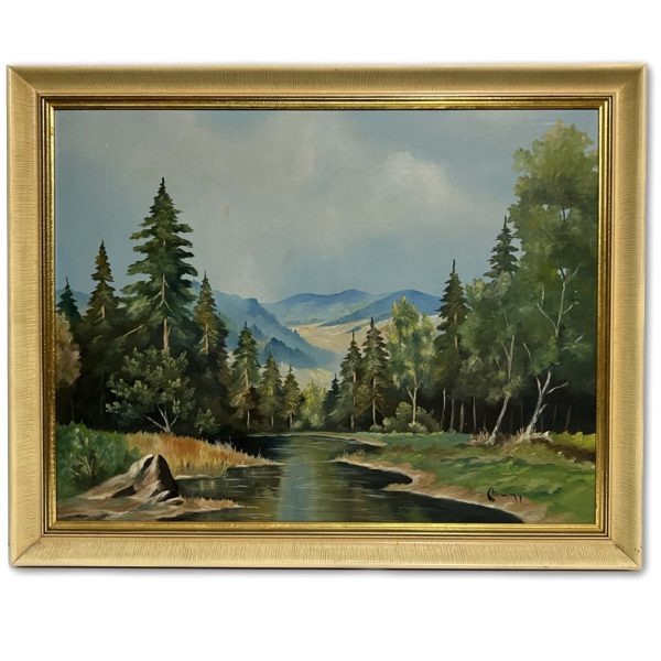 Fenyvessel szegélyezett patakpart - Beazonosításra váró művész