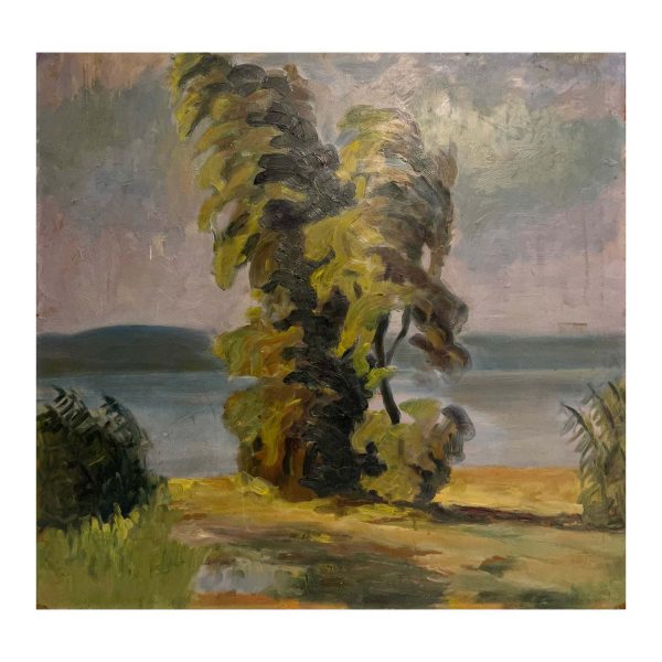 Szélben hajladozó vízparti fa - Ismeretlen festő