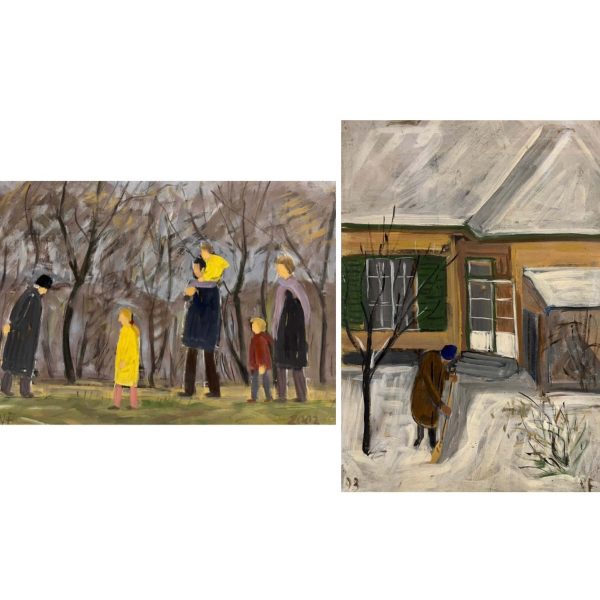 Varga Ferenc (1928-2019) Család az erdőben, 2002 / Járdasöprés hóesés után, 1993