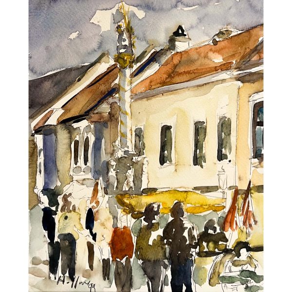 Emberek a főtéren (Sopron, Tűztorony), 1999 - Beazonosításra váró művész