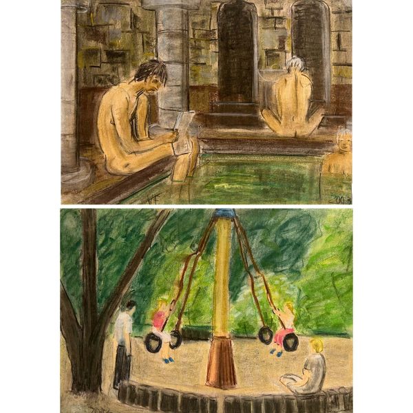 Varga Ferenc (1928-2019) Férfiak a fürdőben, 2003 / Hintázó gyerekek, 2003