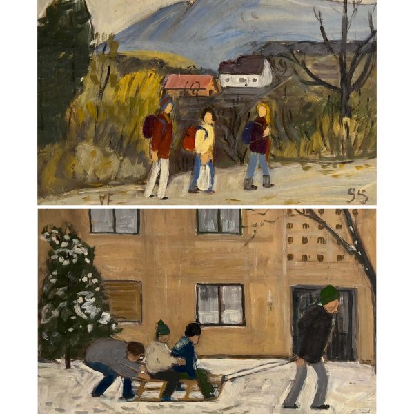 Varga Ferenc (1928-2019) Gyerekek iskolába menet, 1995 / Szánkózás, 2003