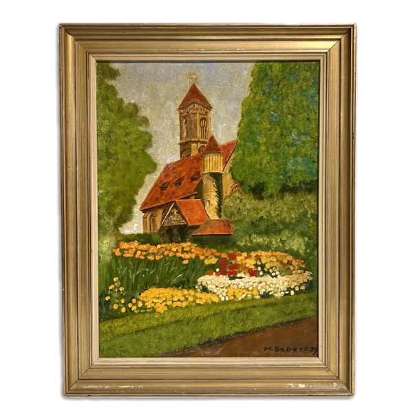H. Sebert jelzéssel - Templom virágos kerttel, 1939