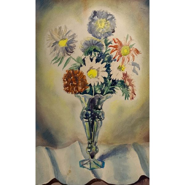 Hidvégi Valéria (1944- ) Virágcsokor hosszú nyakú üveg vázában, 1976