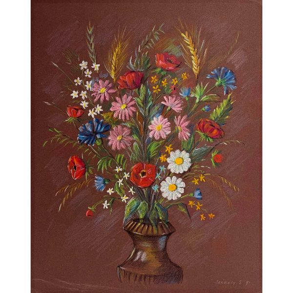 Székely Endre (1917-2014) Nyári virágcsokor faragott fa vázában, 1991