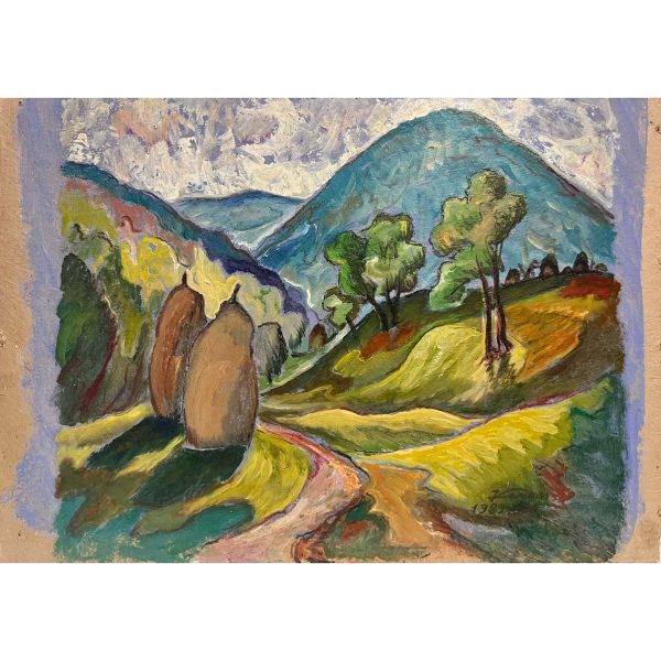 Veress Pál (1929-2002) Napsütötte domboldal szénakazlakkal, 1989