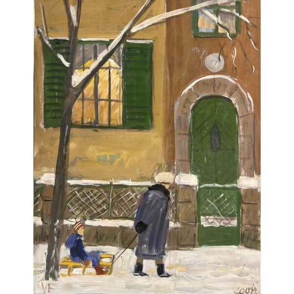 Varga Ferenc (1928-2019) Unokáját szánkóztató nagypapa, 2008 / Haverok a parkban, 2005 (Két oldalas alkotás)